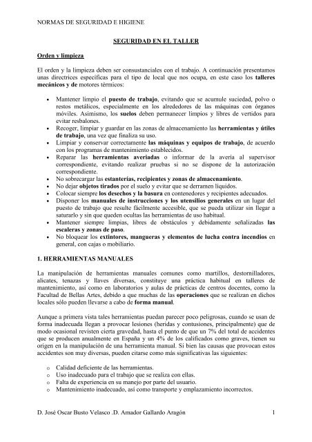 NORMAS DE SEGURIDAD E HIGIENE D. José Oscar Busto Velasco ...