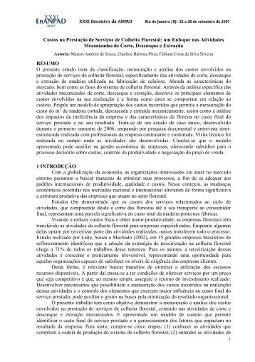 Custos na Prestação de Serviços de Colheita Florestal: um ... - Anpad