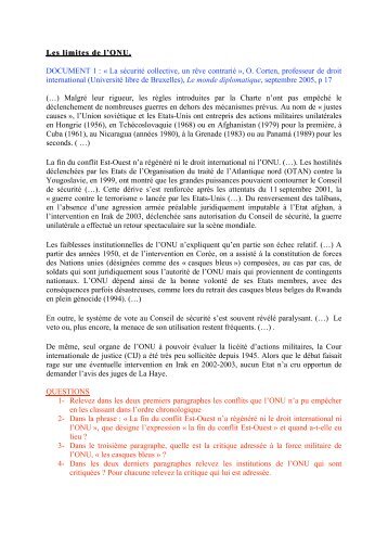 Les limites de l'ONU. Les limites de l'ONU. DOCUMENT 1 : « La ...