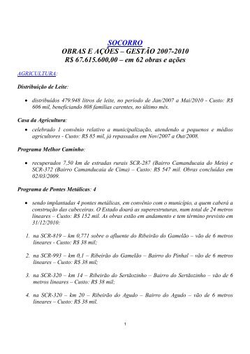 SOCORRO OBRAS E AÇÕES – GESTÃO 2007-2010 R$ 67.615 ...