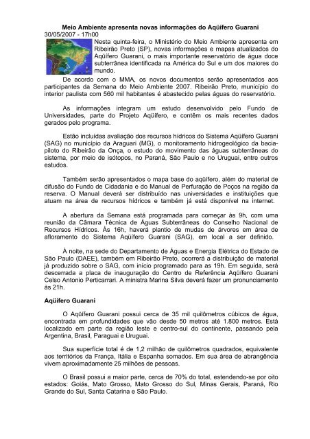 Meio Ambiente apresenta novas informações do Aqüífero Guarani