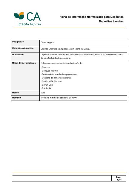 Ficha de Informação Normalizada - Empresas - Crédito Agrícola