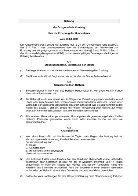 Hundesteuersatzung Contwig - Verbandsgemeinde Zweibrücken ...