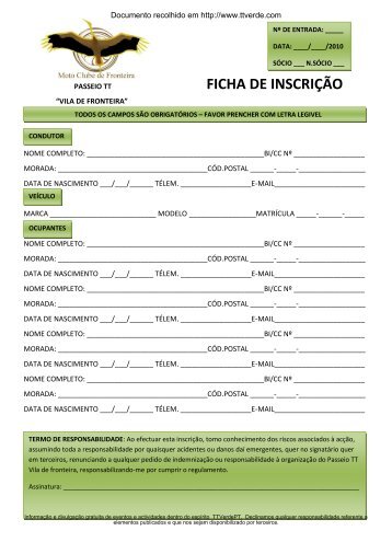 Ficha de Inscrição AQUI - TTVerde