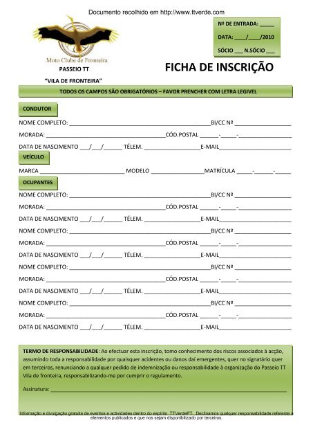 Ficha de Inscrição AQUI - TTVerde