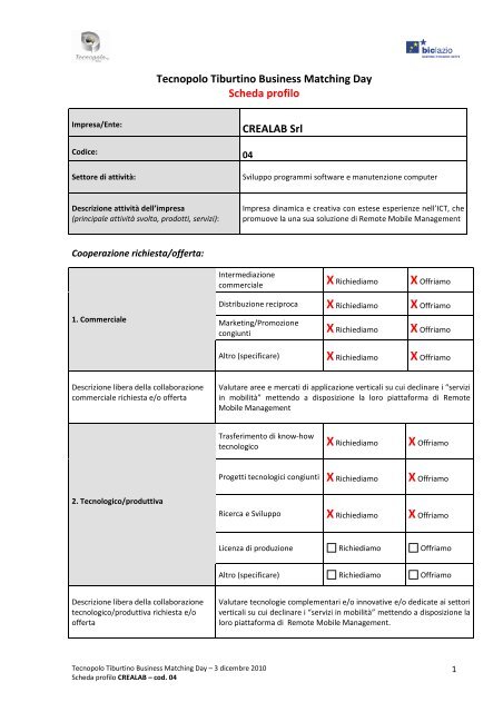 Tecnopolo Tiburtino Business Matching Day Scheda ... - Biclazio.it