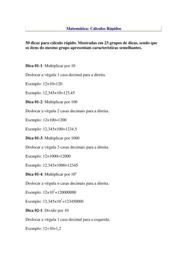 Matemática: Cálculos Rápidos 50 dicas para cálculo rápido ...