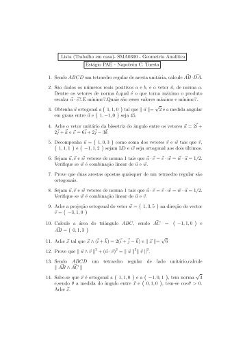 Lista (Trabalho em casa)- SMA0300 - Geometria Analıtica ... - ICMC