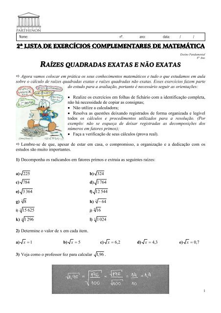 Exercícios de Raiz Quadrada Resolvidos e para Resolver - Neurochispas