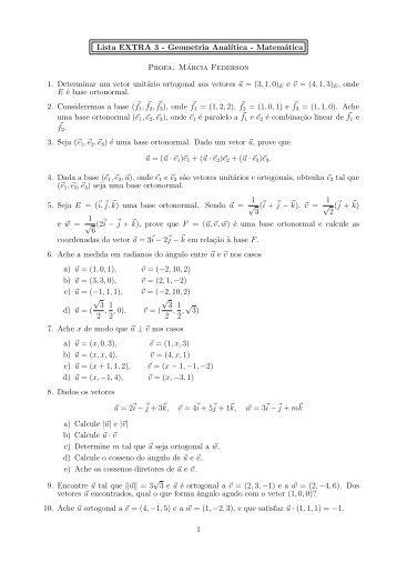 Lista EXTRA 3 - Geometria Anal´ıtica - Matemática Profa ... - ICMC