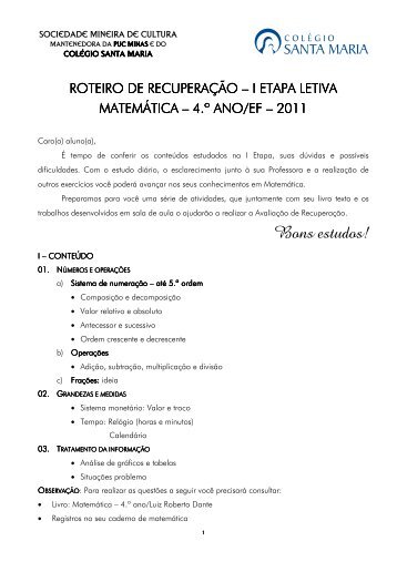 ROTEIRO DE RECUPERAÇÃO MA - I ETAPA - 4.º ANO EF - 2011