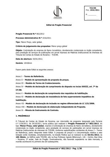 tomada de preços nº - Tribunal de Contas do Estado de Roraima