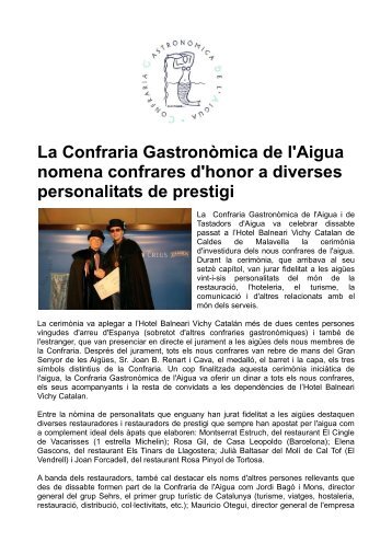 La Confraria Gastronòmica de l'Aigua nomena confrares d'honor a ...