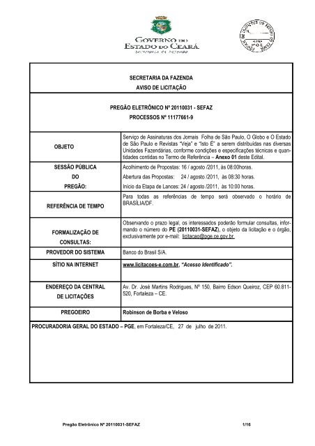 EDITAL DE TOMADA DE PREÇOS N 001/98 - SEPLAG - Sistema ...