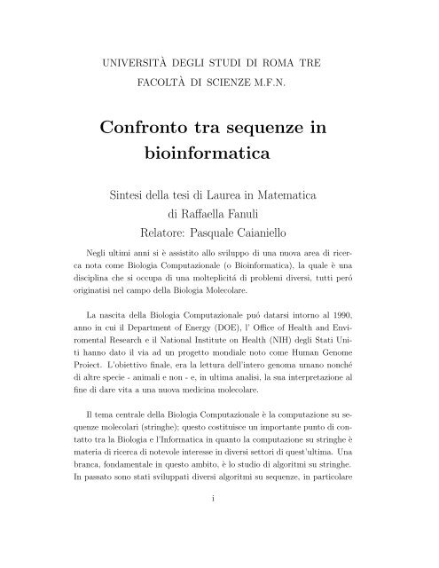 Confronto tra sequenze in bioinformatica - Dipartimento di Matematica