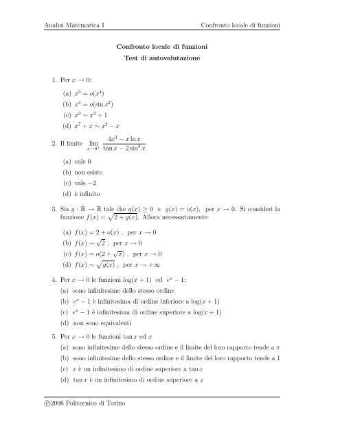 Analisi Matematica I Confronto locale di funzioni Confronto locale di ...