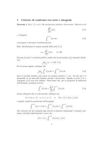 1 Criterio di confronto tra serie e integrale