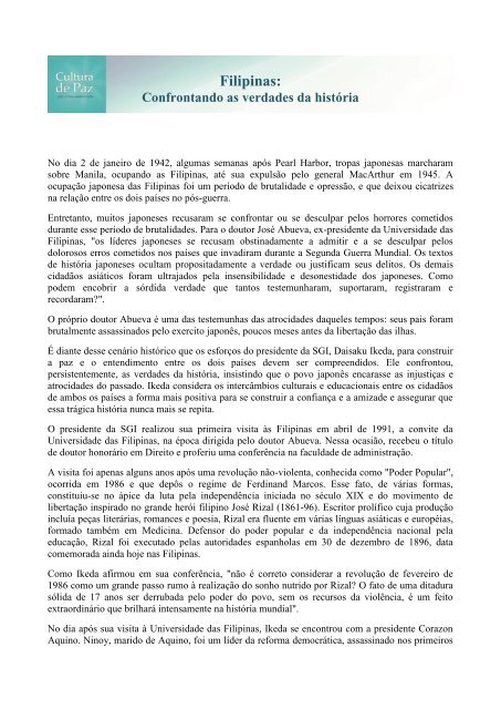 Filipinas: Confrontando as verdades das história - Cultura de Paz