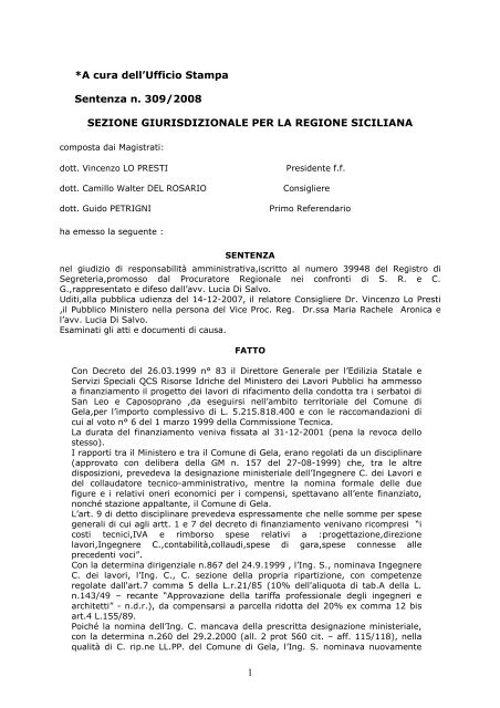 Sentenza n. 309/2008 del 28 gennaio 2008 ... - Corte dei Conti