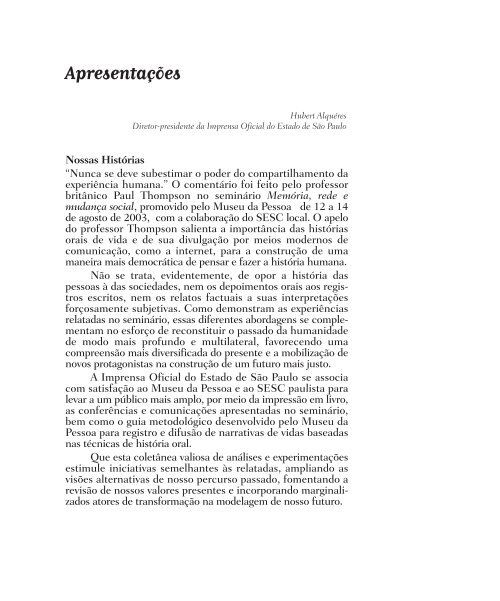 História Falada - Memória, Rede e Mudança Social - Imprensa Oficial