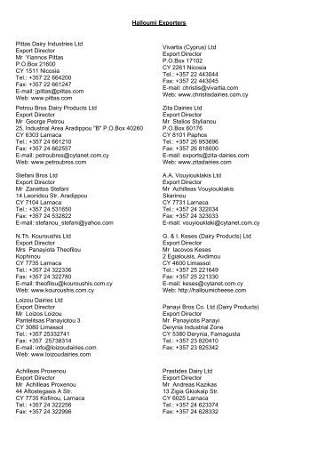 Halloumi Exporters Pittas Dairy Industries Ltd Export Director Mr ...