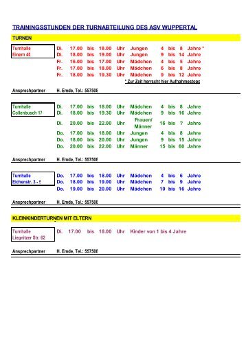 trainingsstunden der turnabteilung des asv wuppertal
