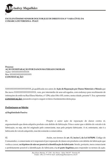 Contestacao De Danos Morais Particular X Empresa Audrey
