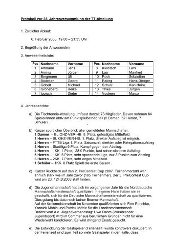 Protokoll zur 23. Jahresversammlung der TT-Abteilung 1. Zeitlicher ...
