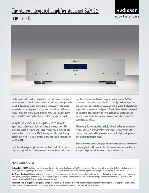 The stereo integrated amplifier Audionet SAM G2: one for all.
