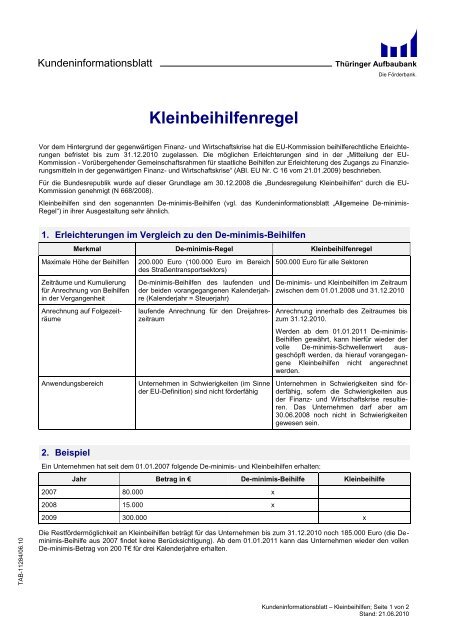 Kleinbeihilfenregel - Kundeninformationsblatt - Thüringer Aufbaubank