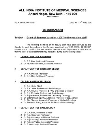 Summer Vacation Schedule - 2007 (Faculty Staff) - All India Institute ...