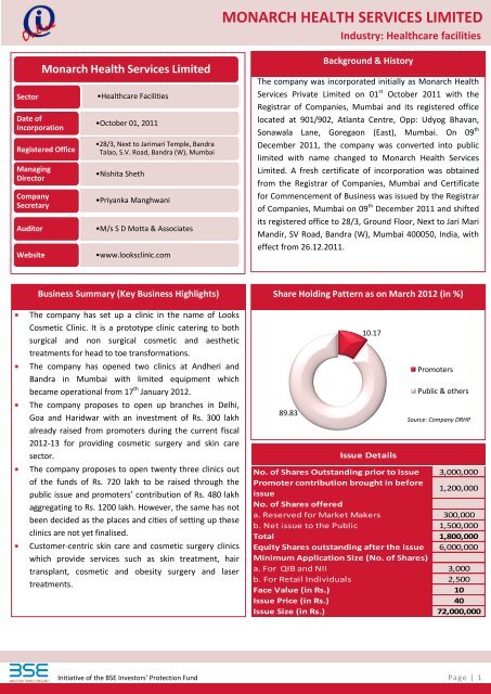 MONARCH HEALTH SERVICES LIMITED - BSE