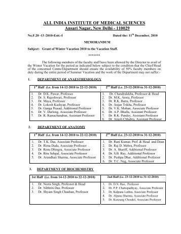 Faculty-Winter vacation schedule 2010 - All India Institute of Medical ...