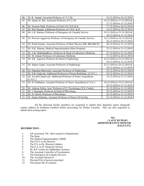 Faculty-Winter vacation schedule 2010 - All India Institute of Medical ...