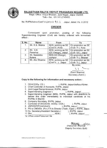 XEN to SE - Rajasthan Rajya Vidyut Prasaran Nigam Limited