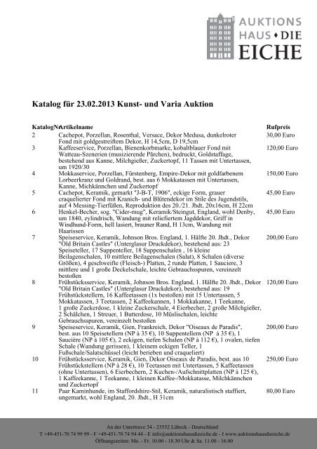 Kunst- Auktionshaus Katalog für 23.02.2013 Varia - Auktion und