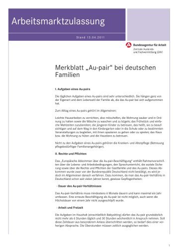 Arbeitsmarktzulassung - Merkblatt "Au-pair" bei deutschen Familien