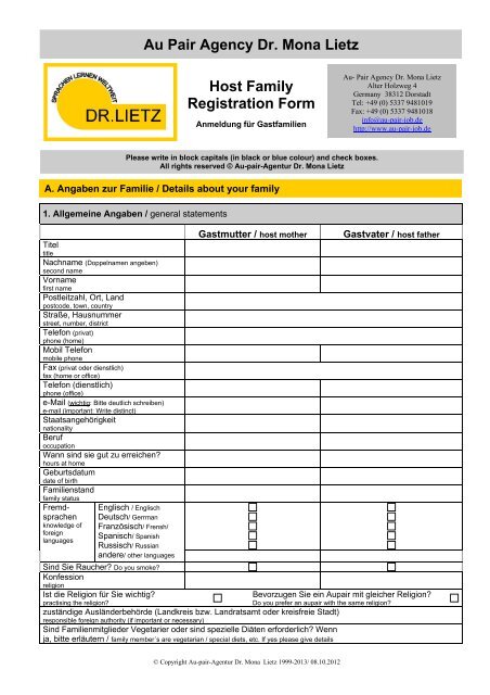 Host-Family-Registration Form - Au-Pair Agentur Dr. Mona Lietz