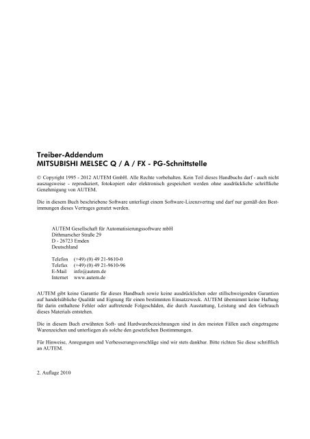 Treiber-Addendum Mitsubish MELSEC Serial - AUTEM GmbH: SPS ...