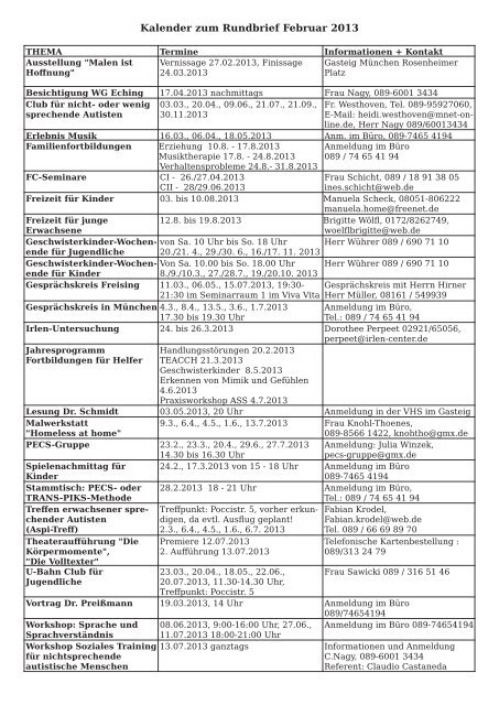 Kalender zum Rundbrief Februar 2013 - Autismus Oberbayern