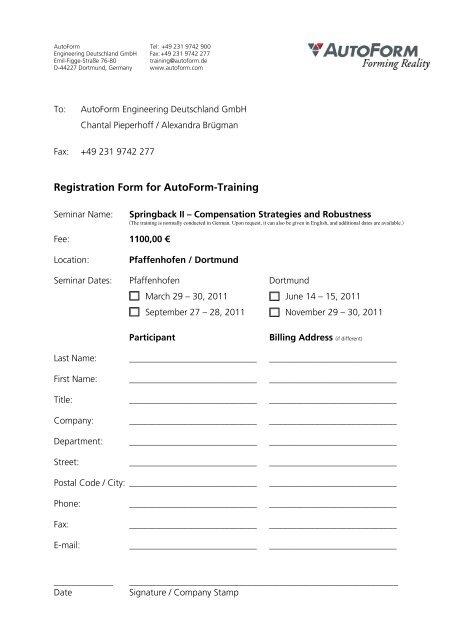 Registration Form for AutoForm-Training - AutoForm Engineering