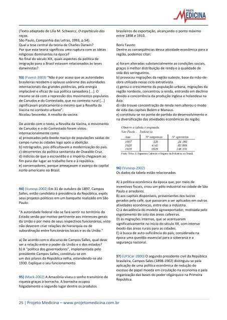 Exercícios de História República Velha - Projeto Medicina