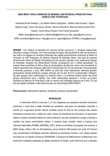 ebda mpb 01 nova variedade de mamona com ... - Embrapa Algodão