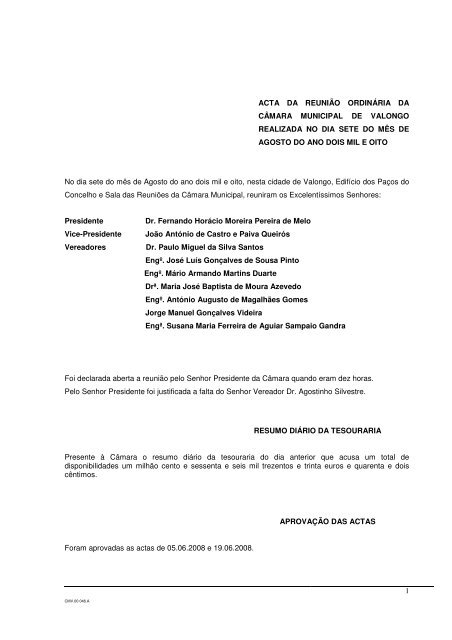 Ata da reunião do dia 07 de agosto - Câmara Municipal de Valongo