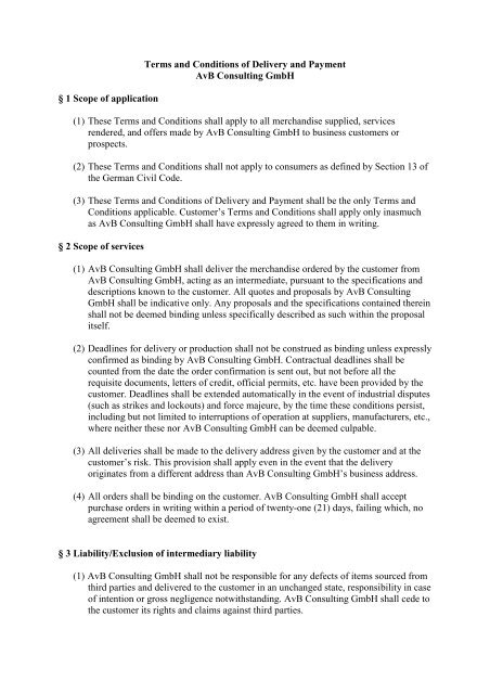 Terms and Conditions of Delivery and Payment AvB Consulting 
