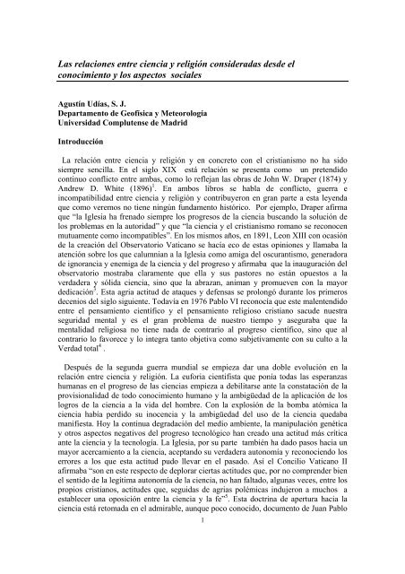 Las relaciones entre ciencia y religión consideradas desde el ...