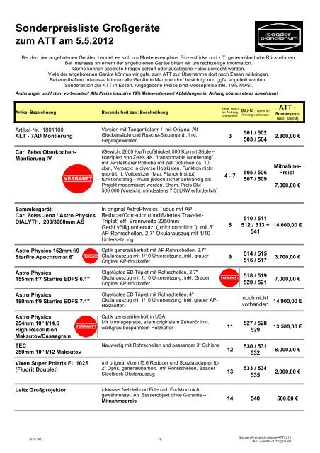 Sonderpreisliste Großgeräte - Baader Planetarium