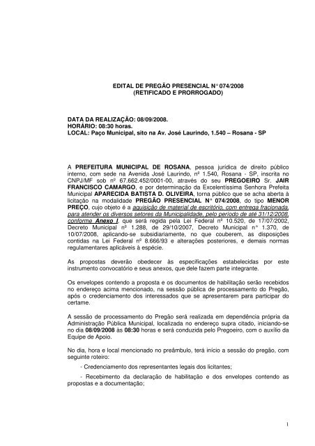 Aquisição de material de - Prefeitura Municipal de Rosana