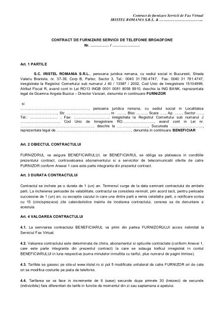 Model contract FAX to EMAIL - Iristel Romania
