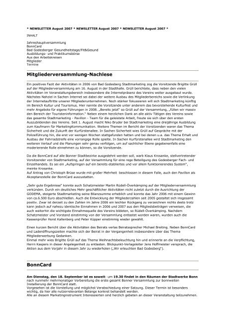 NEWSLETTER September 2007 - Bad Godesberg Stadtmarketing e.V.